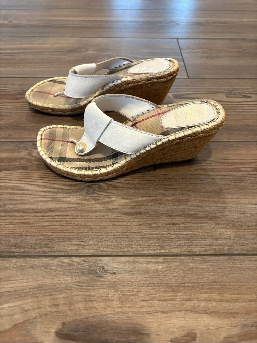 Burberry White Leather Plaid-Insole Espadrille Wedge Sandal